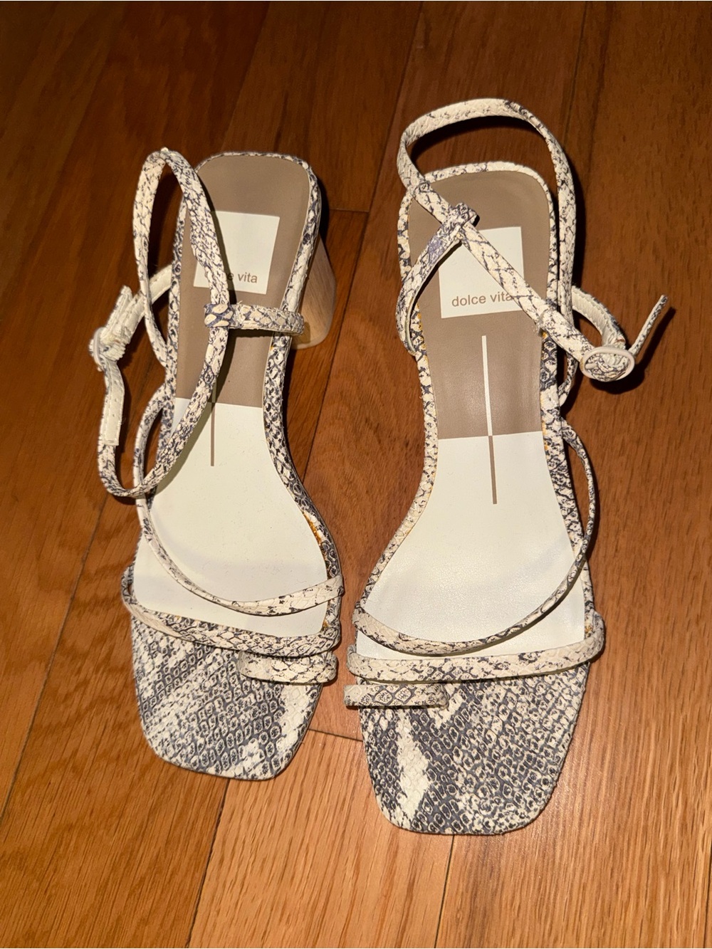 Dolce Vita Cream and Gray Snake-Print Block Heel Sandals - Picture 3 of 4